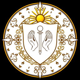 An emblem of a medieval European civilization, featuring a prominent shield at its center