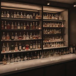 A stunning, stylish bar counter with beautiful, dim, romantic lighting and shelves filled with various bottles of exquisite drinks