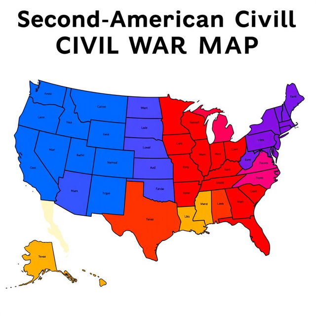 A detailed map of the United States of America depicting the Second American Civil War