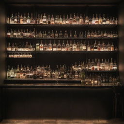 A stunning, stylish bar counter with beautiful, dim, romantic lighting and shelves filled with various bottles of exquisite drinks