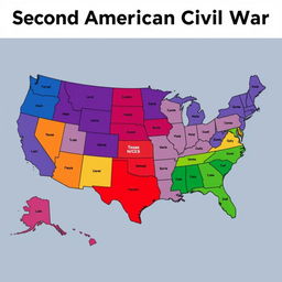 A detailed map of the United States of America depicting the Second American Civil War