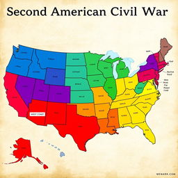 A detailed map of the United States of America depicting the Second American Civil War