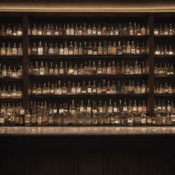 A stunning, stylish bar counter with beautiful, dim, romantic lighting and shelves filled with various bottles of exquisite drinks