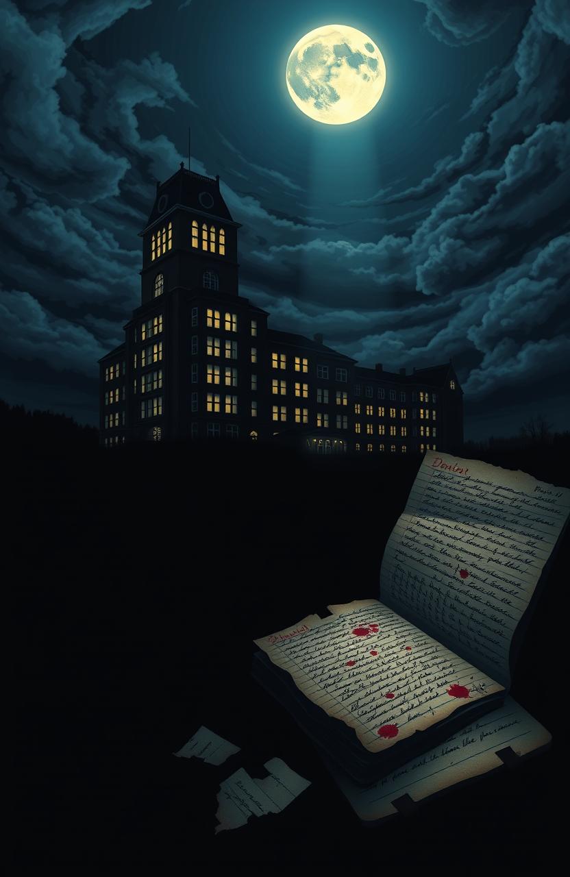 A novel cover featuring a towering high school building situated on a hill at night