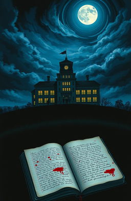 A novel cover featuring a towering high school building situated on a hill at night