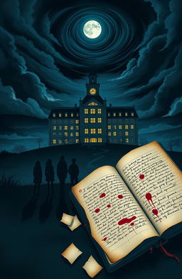 A novel cover featuring a towering high school building situated on a hill at night