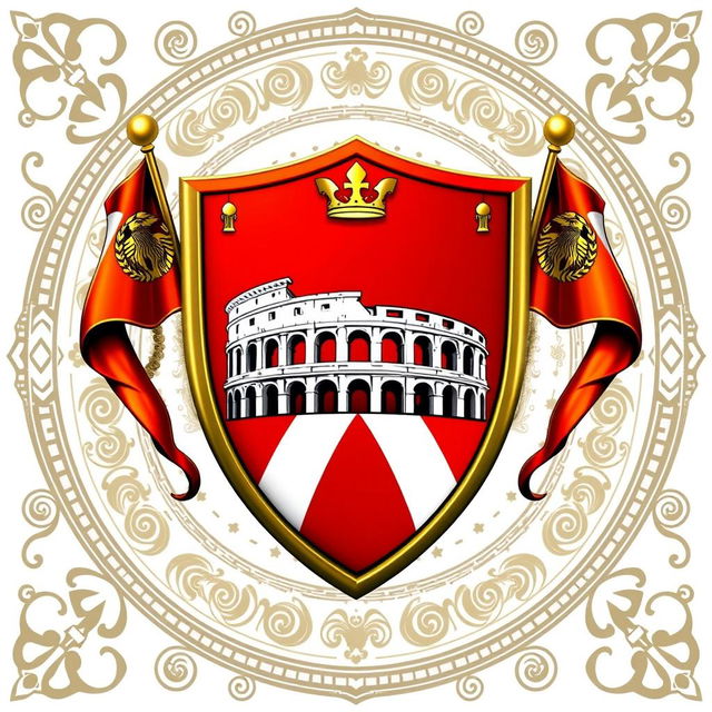 An emblem representing a medieval European kingdom, featuring a Roman-style shield as the central element