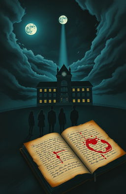 A novel cover featuring a towering high school building on a hill at night