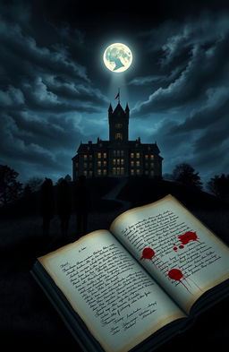 A novel cover featuring a towering high school building on a hill at night