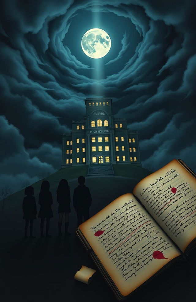 A novel cover featuring a towering high school building on a hill at night