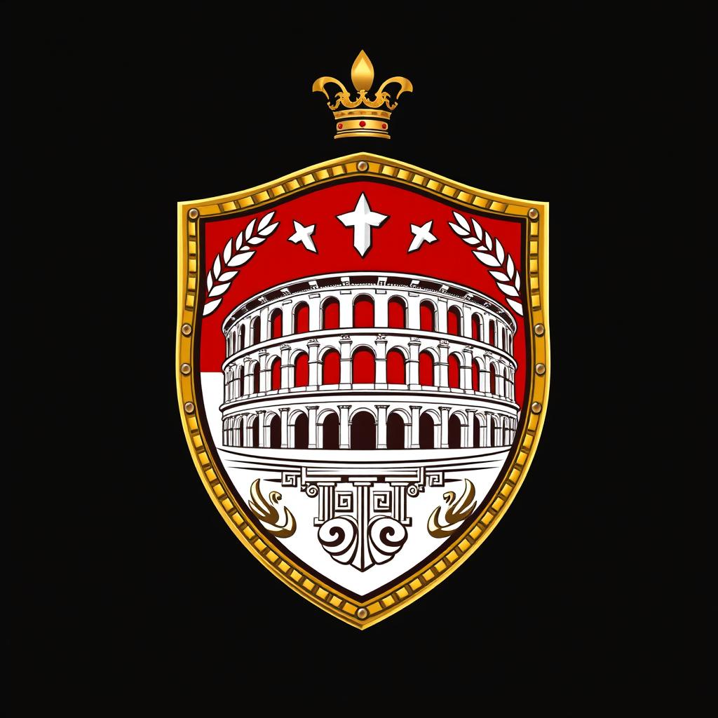 An emblem representing a medieval European kingdom, prominently featuring a Roman shield as the central focus