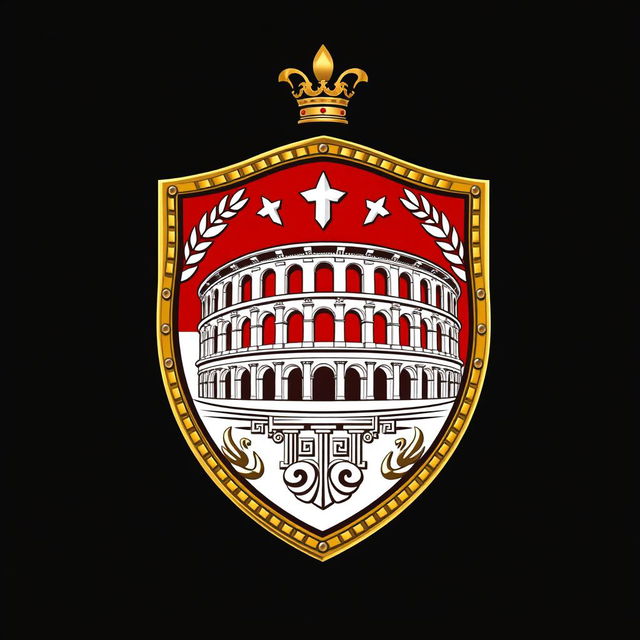 An emblem representing a medieval European kingdom, prominently featuring a Roman shield as the central focus