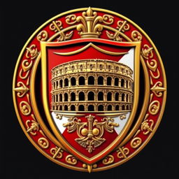 An emblem representing a medieval European kingdom, prominently featuring a Roman shield as the central focus