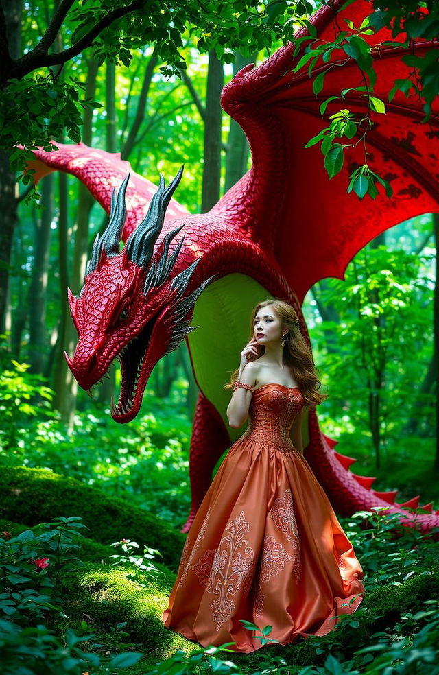 A captivating fantasy scene featuring a woman encountering a majestic red dragon in a lush green forest