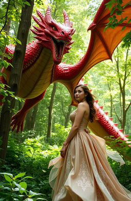 A captivating fantasy scene featuring a woman encountering a majestic red dragon in a lush green forest