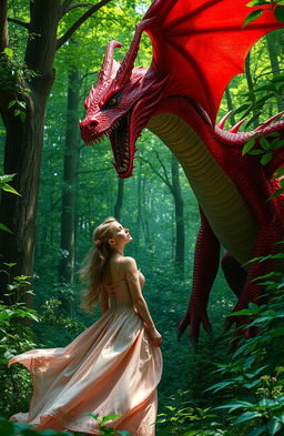 A captivating fantasy scene featuring a woman encountering a majestic red dragon in a lush green forest