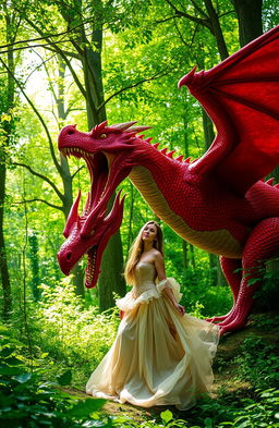 A captivating fantasy scene featuring a woman encountering a majestic red dragon in a lush green forest