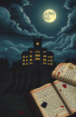 A novel cover depicting a high school building towering on a hill at night, the majestic yet eerie structure has dimly glowing windows set against the darkness