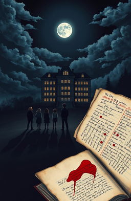 A novel cover depicting a high school building towering on a hill at night, the majestic yet eerie structure has dimly glowing windows set against the darkness