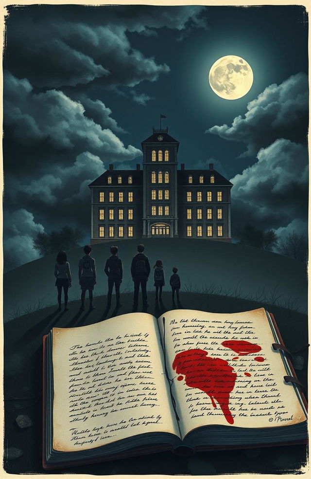 A novel cover depicting a high school building towering on a hill at night, the majestic yet eerie structure has dimly glowing windows set against the darkness