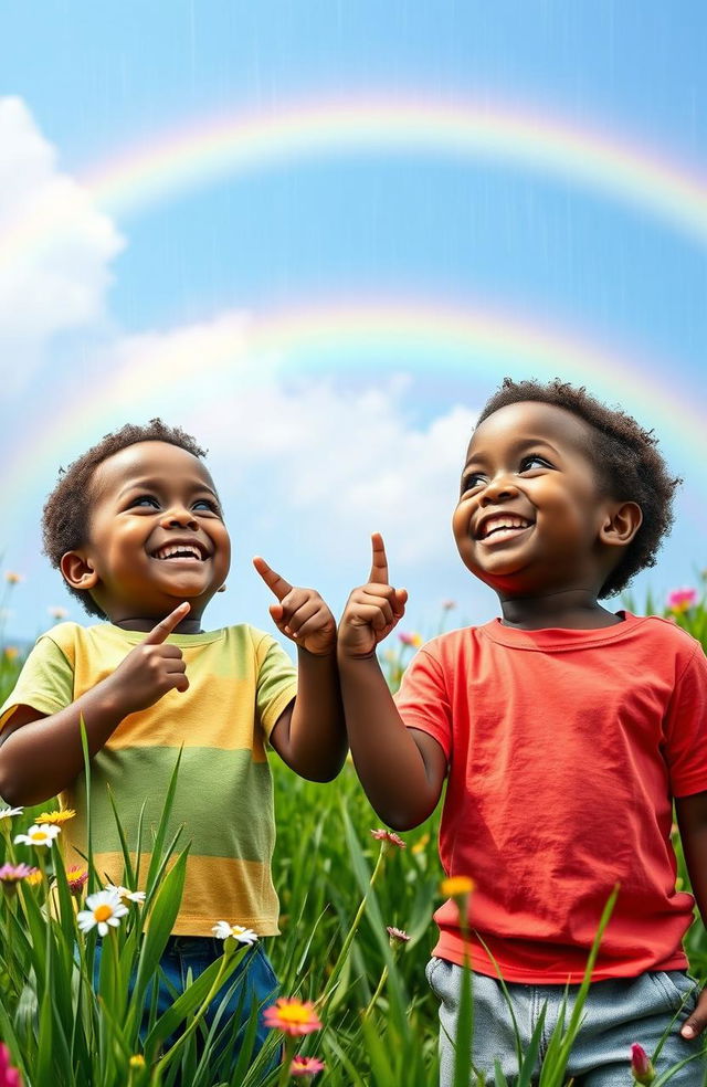 Two young black twin boys, each with bright smiles, happily staring up at a vibrant rainbow arching across a blue sky after a refreshing rain shower