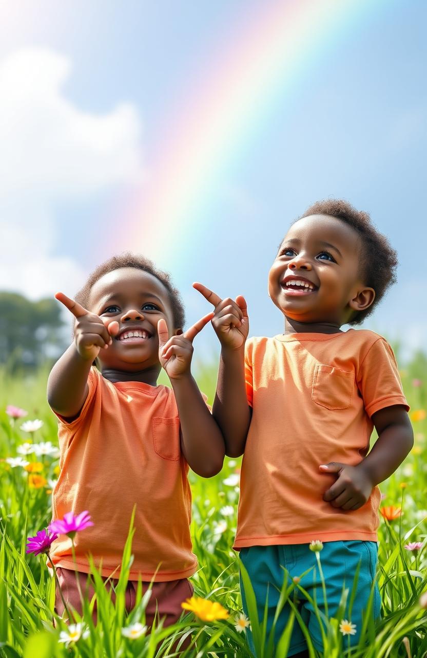 Two young black twin boys, each with bright smiles, happily staring up at a vibrant rainbow arching across a blue sky after a refreshing rain shower