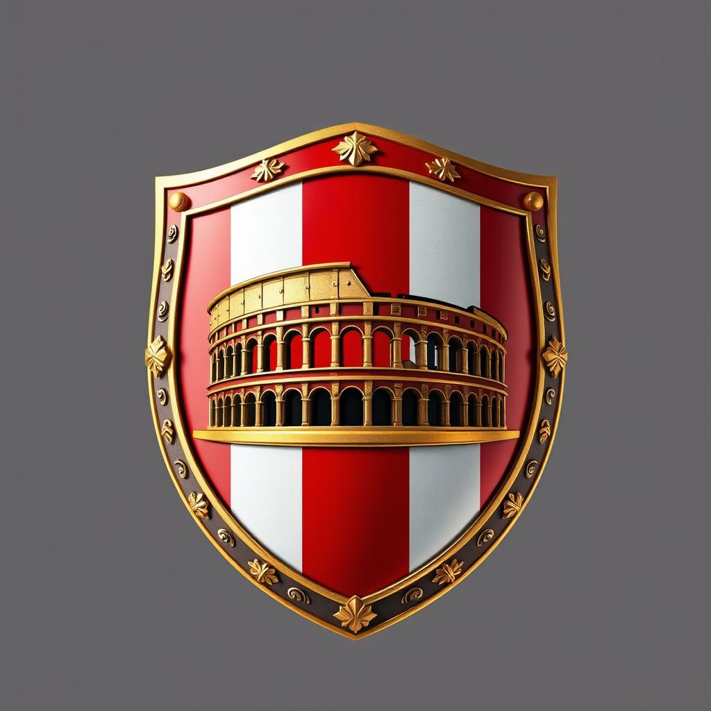 An emblem representing a medieval European kingdom, showcasing a legionary Roman shield as the focal point