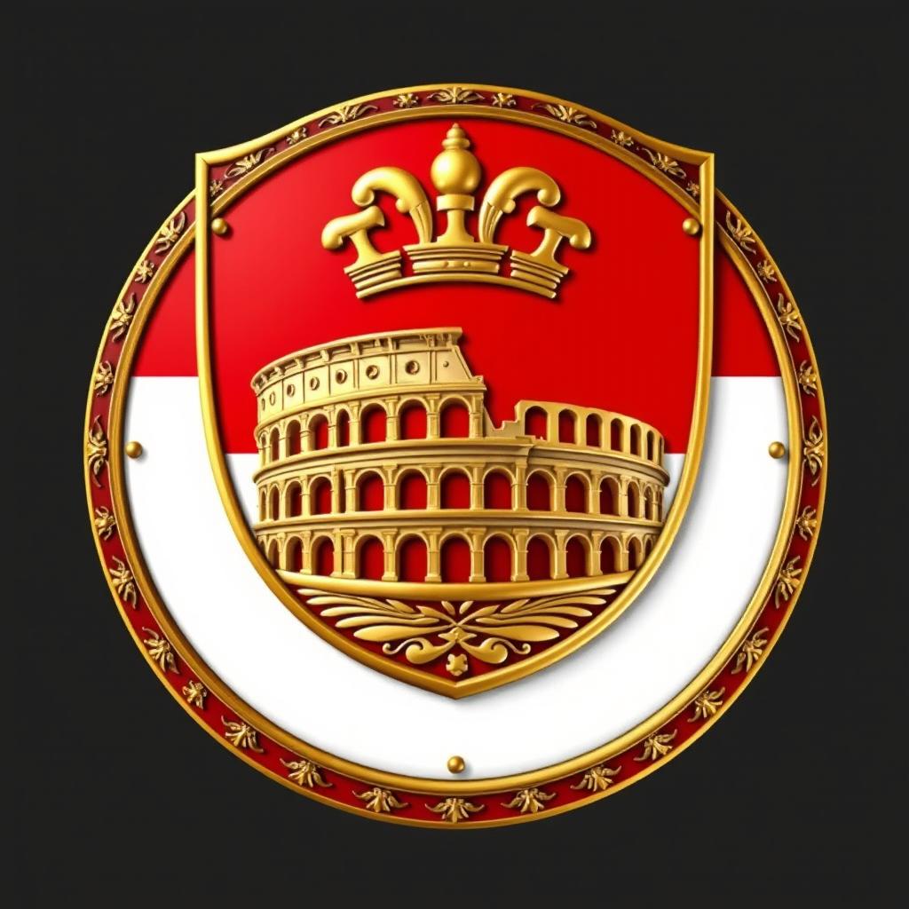 An emblem representing a medieval European kingdom, showcasing a legionary Roman shield as the focal point