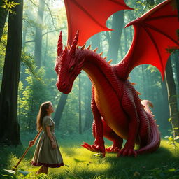 A magical fantasy scene depicting a simple woman in a humble dress encountering a magnificent red dragon in a vibrant green forest