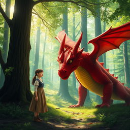 A magical fantasy scene depicting a simple woman in a humble dress encountering a magnificent red dragon in a vibrant green forest