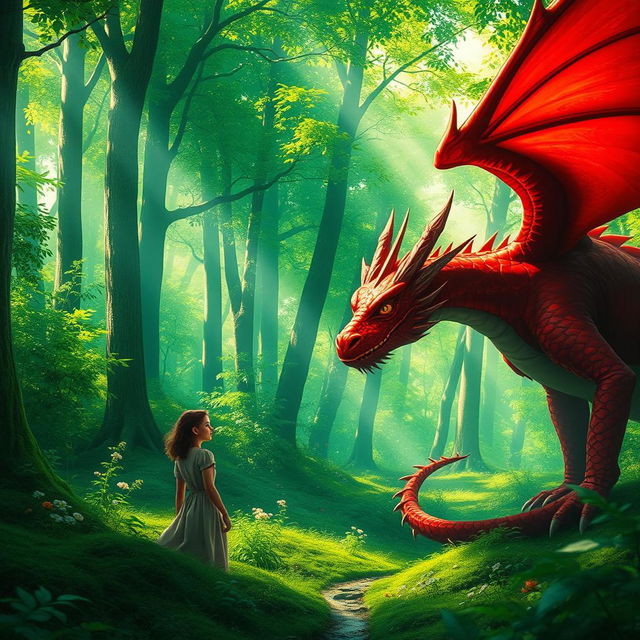 A magical fantasy scene depicting a simple woman in a humble dress encountering a magnificent red dragon in a vibrant green forest