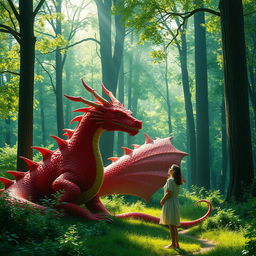 A magical fantasy scene depicting a simple woman in a humble dress encountering a magnificent red dragon in a vibrant green forest