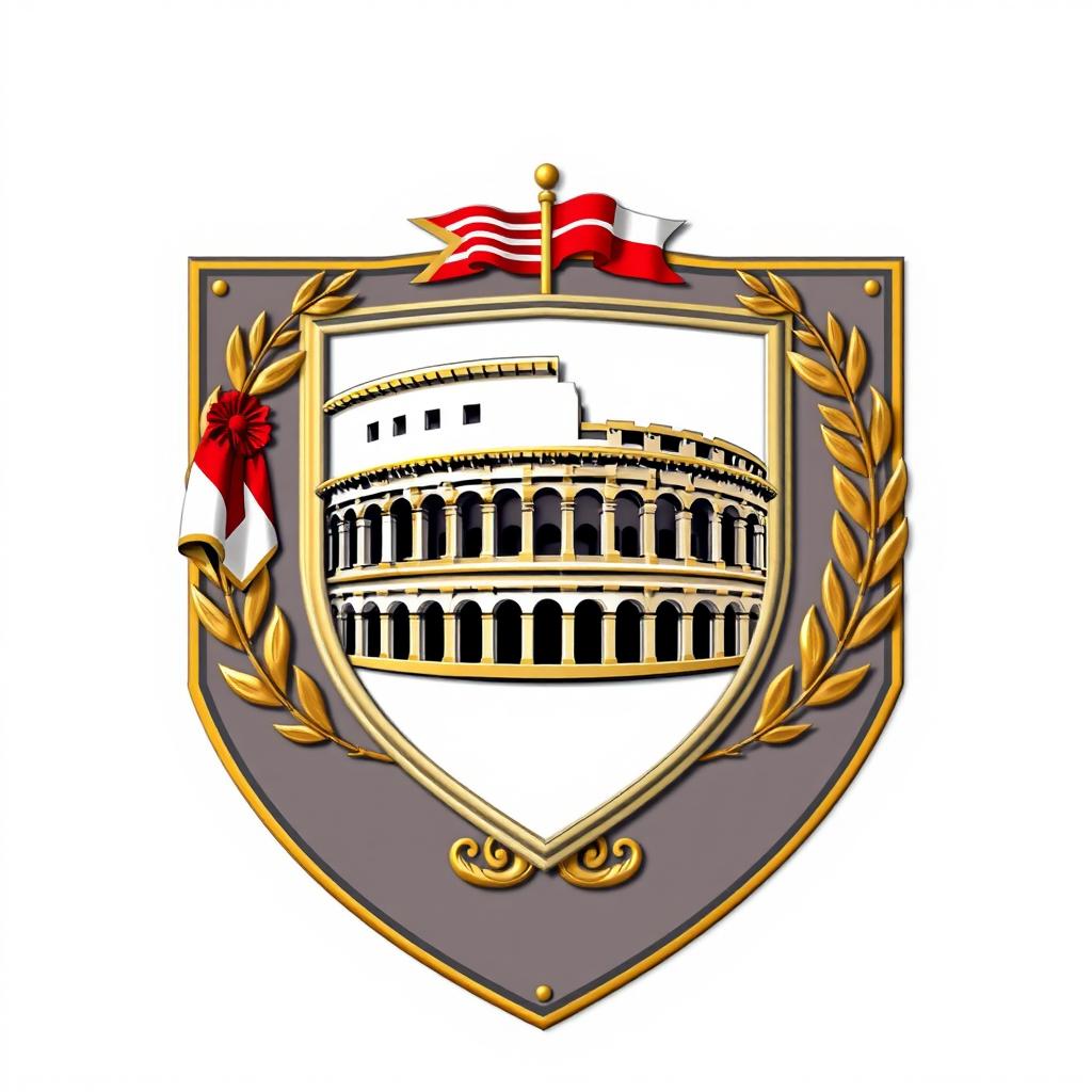 An emblem representing a Greco-Roman civilization, featuring a rectangular shield as the central element