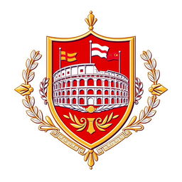 An emblem representing a Greco-Roman civilization, featuring a rectangular shield as the central element