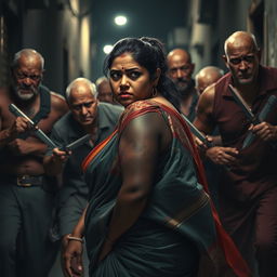 A tense and dramatic scene featuring a bruised and cut plump Indian female character, wearing a flowing saree that shows signs of distress, as she glances back fearfully