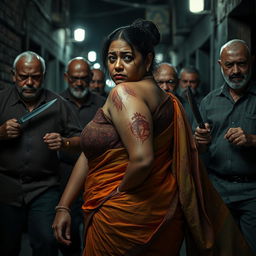 A tense and dramatic scene featuring a bruised and cut plump Indian female character, wearing a flowing saree that shows signs of distress, as she glances back fearfully