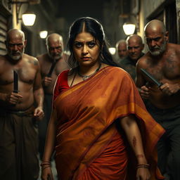 A tense and dramatic scene featuring a bruised and cut plump Indian female character, wearing a flowing saree that shows signs of distress, as she glances back fearfully