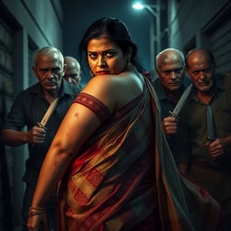 A tense and dramatic scene featuring a bruised and cut plump Indian female character, wearing a flowing saree that shows signs of distress, as she glances back fearfully