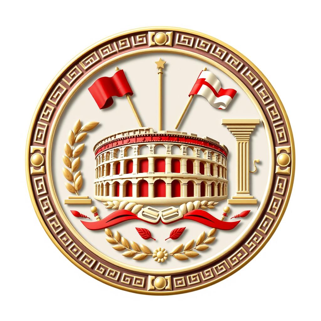 An emblem representing a Greco-Roman civilization, featuring a traditional scutum as the central element