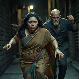 A dramatic and intense scene capturing a bruised and cut plump Indian female character in a colorful saree, expressing fear as she runs away