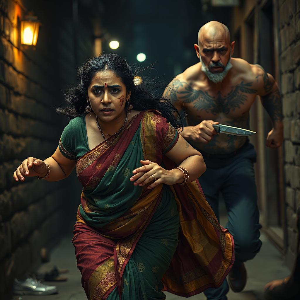 A dramatic and intense scene capturing a bruised and cut plump Indian female character in a colorful saree, expressing fear as she runs away