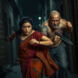 A dramatic and intense scene capturing a bruised and cut plump Indian female character in a colorful saree, expressing fear as she runs away