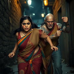 A dramatic and intense scene capturing a bruised and cut plump Indian female character in a colorful saree, expressing fear as she runs away