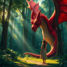 A captivating fantasy scene of a simple woman in a modest dress meeting a magnificent red dragon in a vibrant green forest