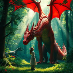 A captivating fantasy scene of a simple woman in a modest dress meeting a magnificent red dragon in a vibrant green forest