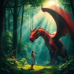 A captivating fantasy scene of a simple woman in a modest dress meeting a magnificent red dragon in a vibrant green forest