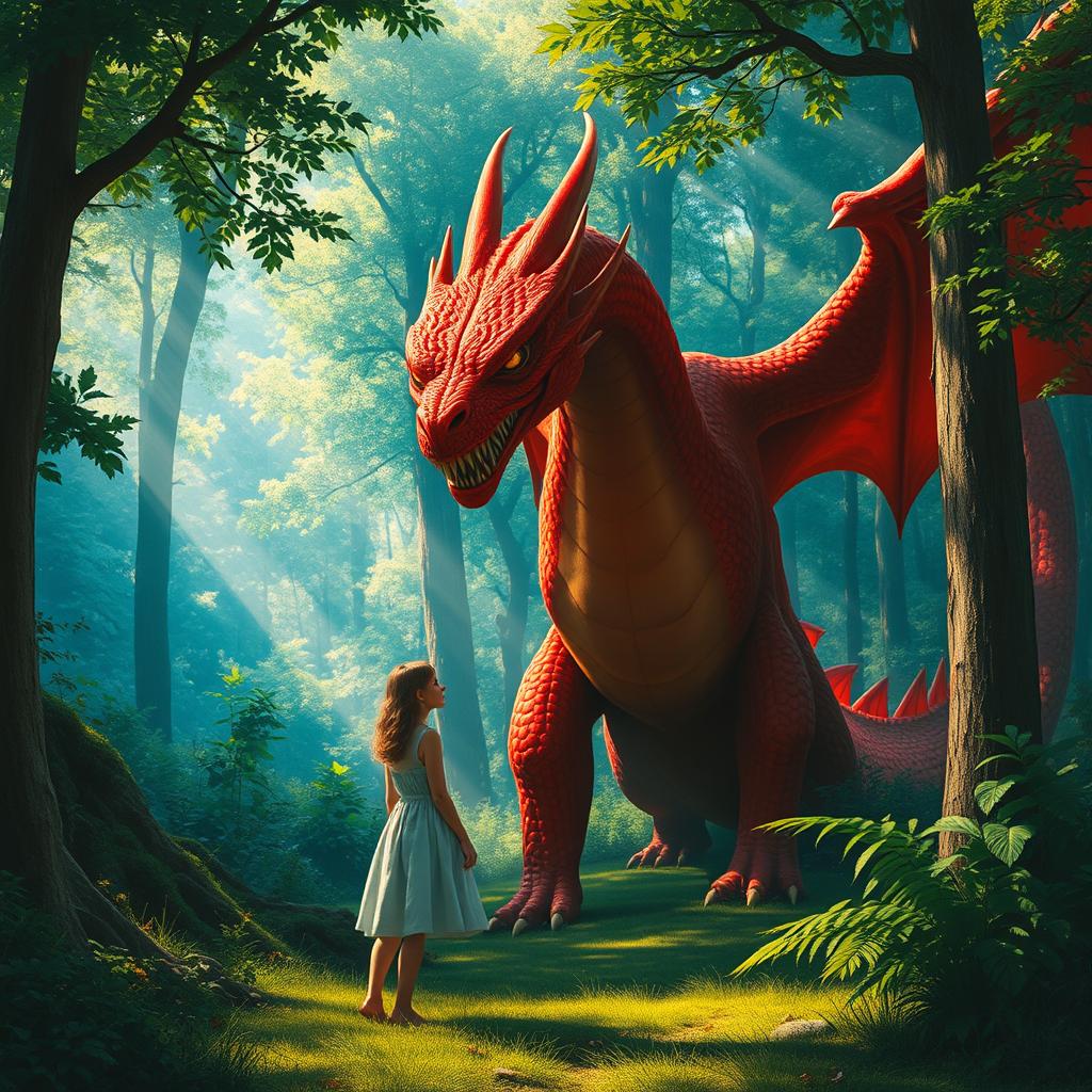 A captivating fantasy scene of a simple woman in a modest dress meeting a magnificent red dragon in a vibrant green forest