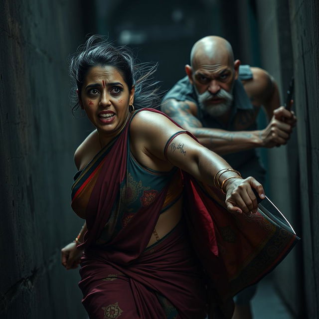 A dramatic and intense scene capturing a bruised and cut plump Indian female character in a vibrant saree, expressing fear as she runs for her life