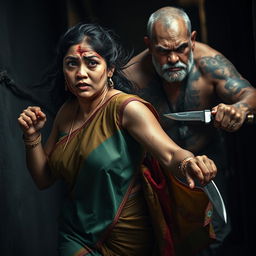 A dramatic and intense scene capturing a bruised and cut plump Indian female character in a vibrant saree, expressing fear as she runs for her life