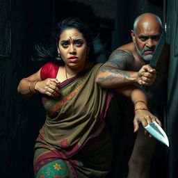 A dramatic and intense scene capturing a bruised and cut plump Indian female character in a vibrant saree, expressing fear as she runs for her life